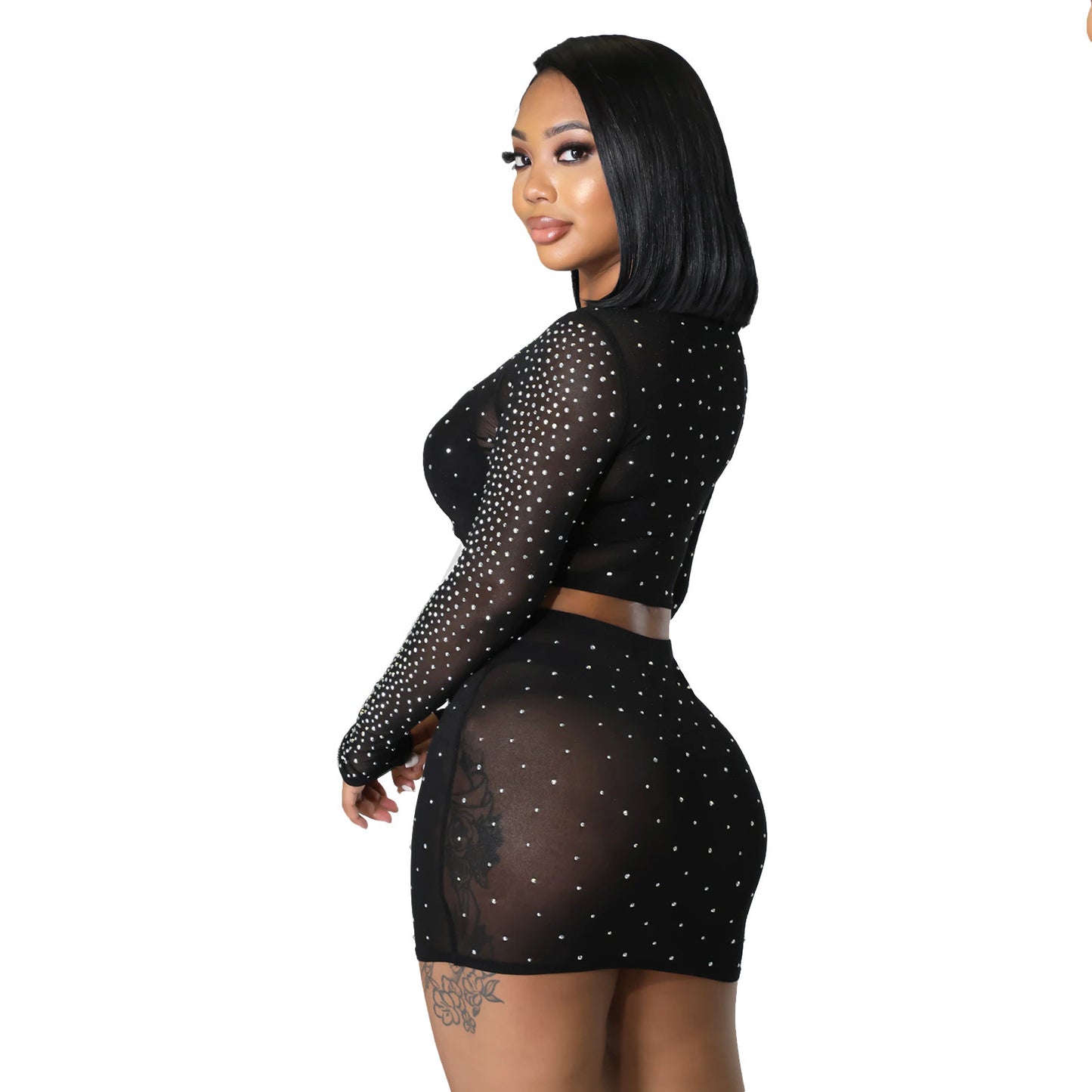 Ladies' Mesh Hot Drilling Sheer Long Sleeve Skirt Outfit