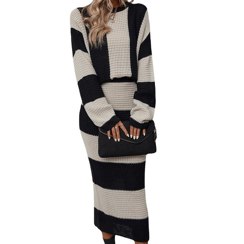 Contrast Color Stripes Autumn And Winter Long Pullover Loose Knit Dress
