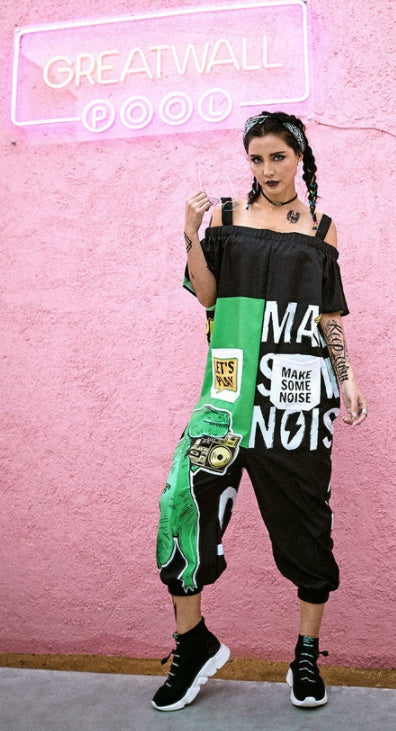 New Trendy Brand Plus Size Women'S Hip-Hop Hip-Hop Hip-Hop One-Piece Suspenders Rock Dinosaur