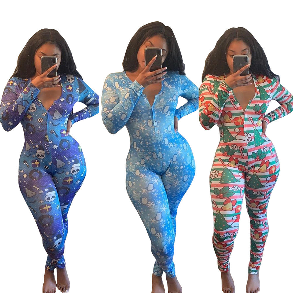European And American Casual Christmas Print Jumpsuit