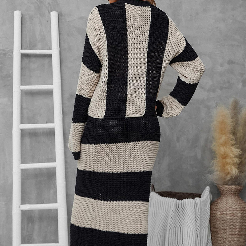 Contrast Color Stripes Autumn And Winter Long Pullover Loose Knit Dress